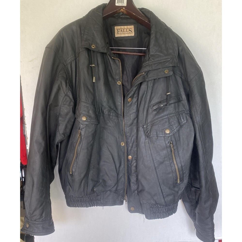 Vintage Falls Creek Men's Black Genuine Leather, Lined Bomber Jacket Size Xl
